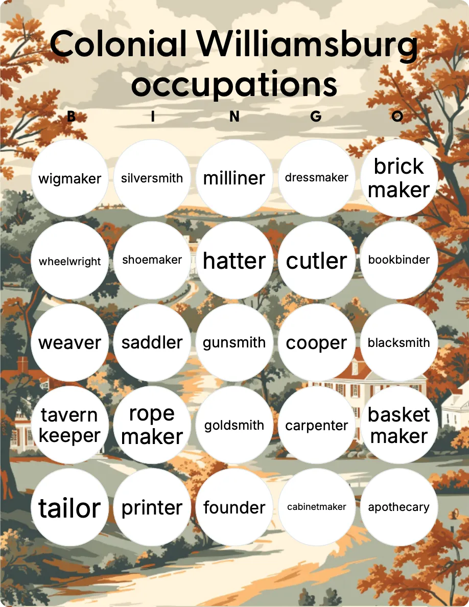 Colonial Williamsburg occupations bingo card template