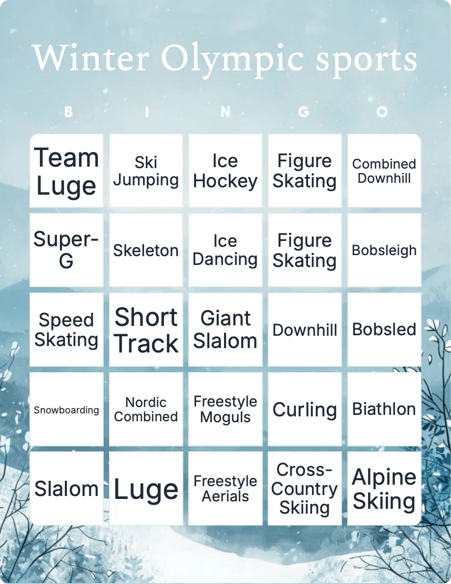 Winter Olympic sports bingo card template