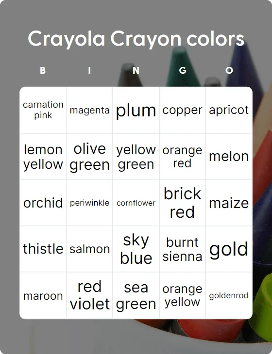 Crayola Crayon colors bingo
