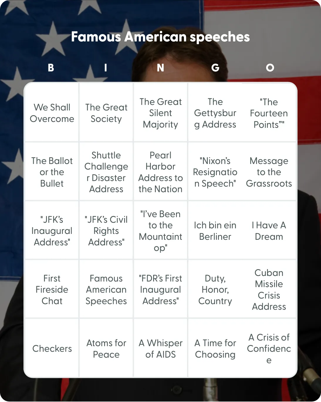 Famous American speeches bingo card template