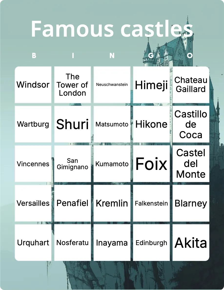 Famous castles bingo card template