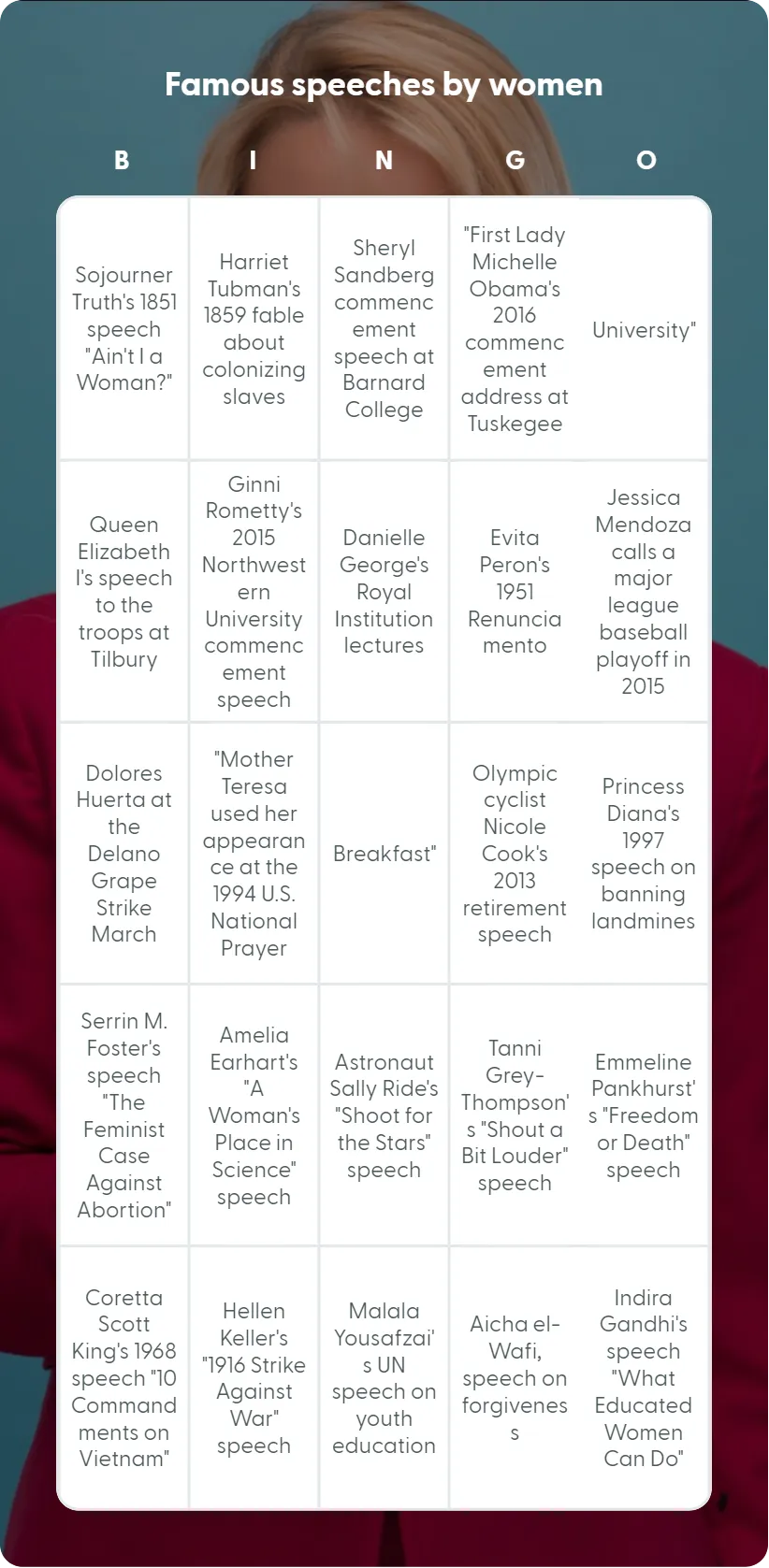 Famous speeches by women bingo card template