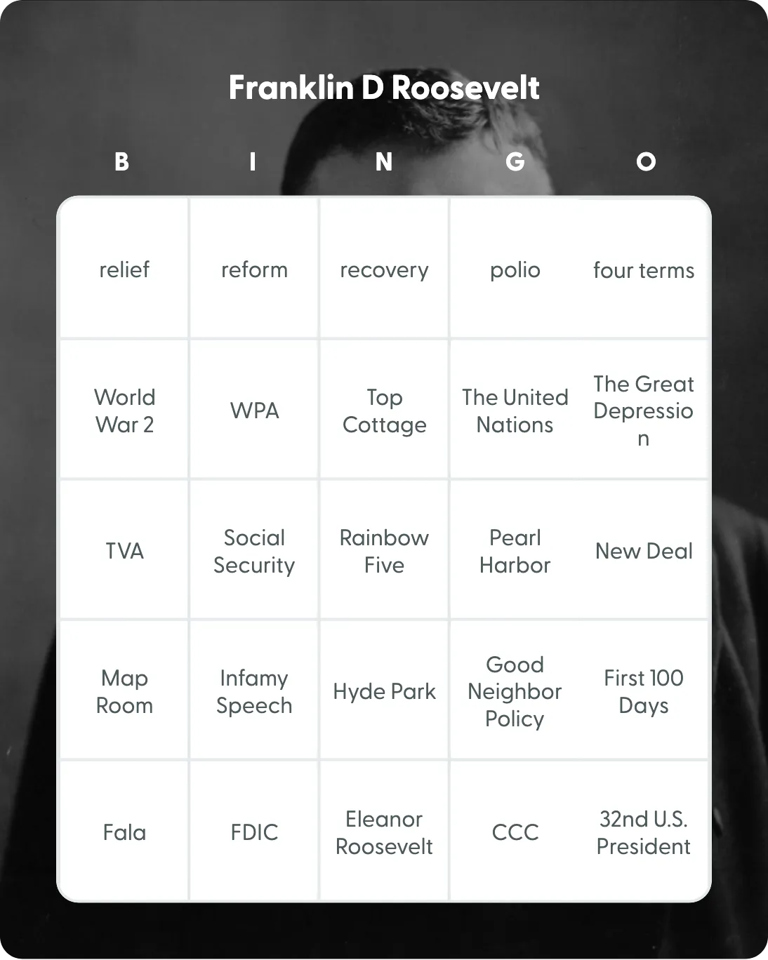 Franklin D Roosevelt bingo card template