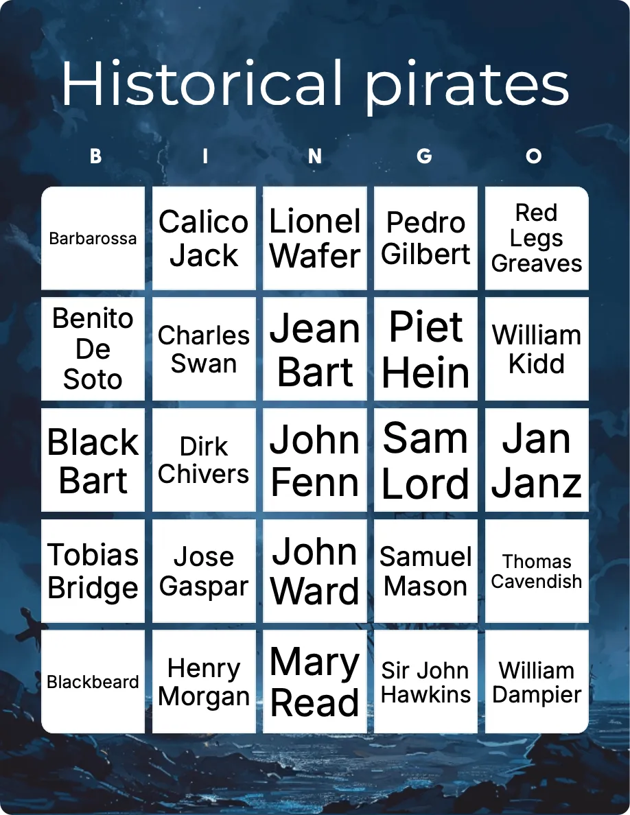 Historical pirates bingo