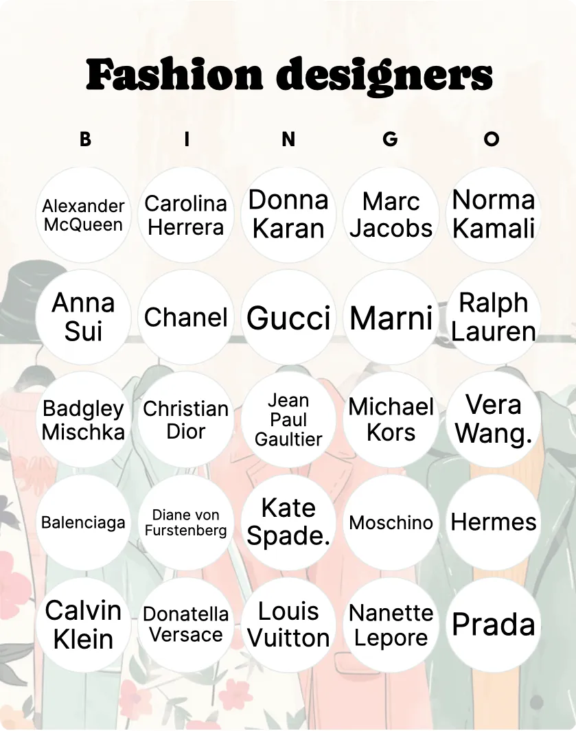 Fashion designers bingo