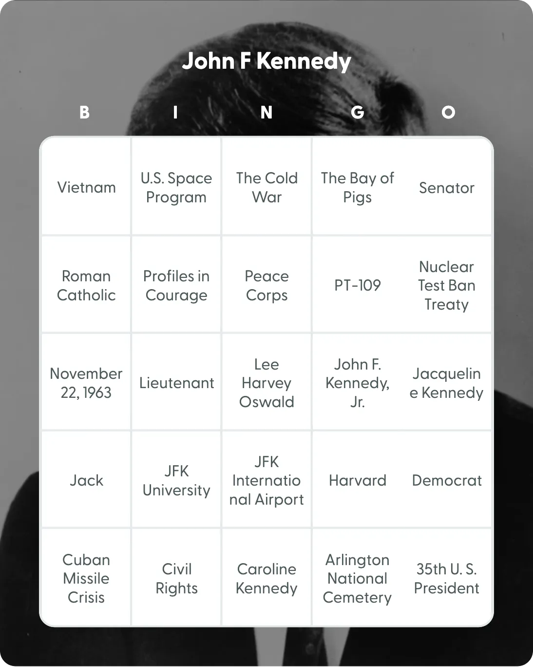 John F Kennedy bingo card template