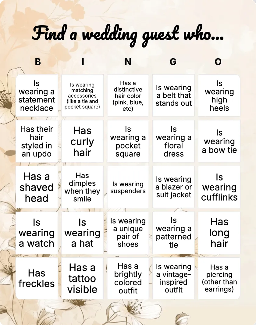 Find a wedding guest who... bingo card template