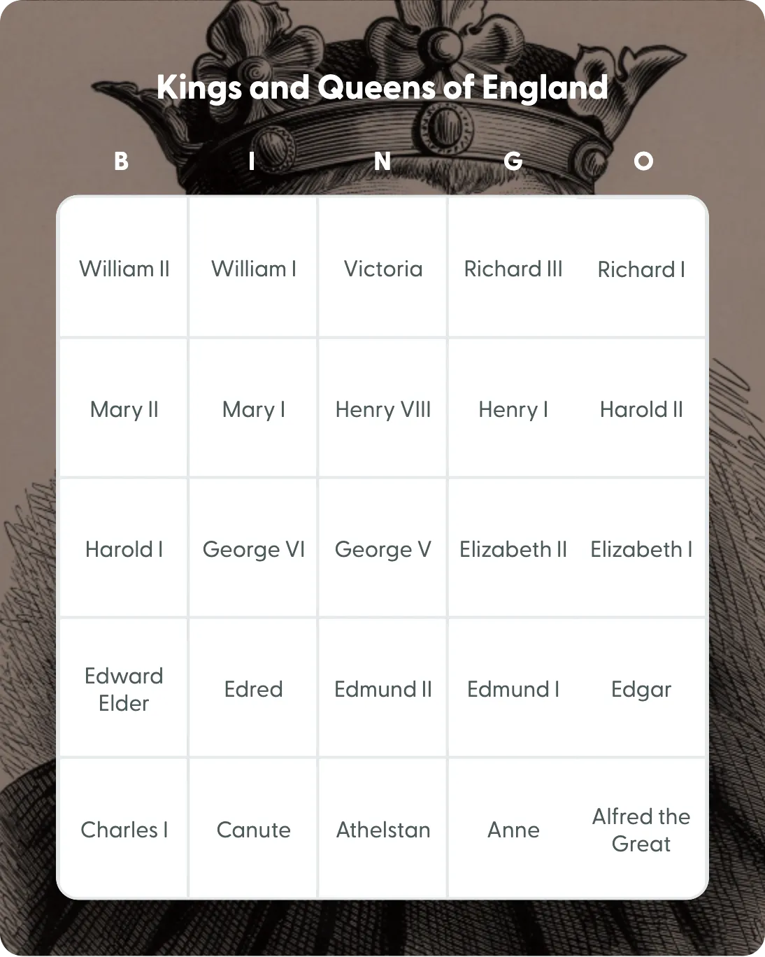 Kings and Queens of England bingo