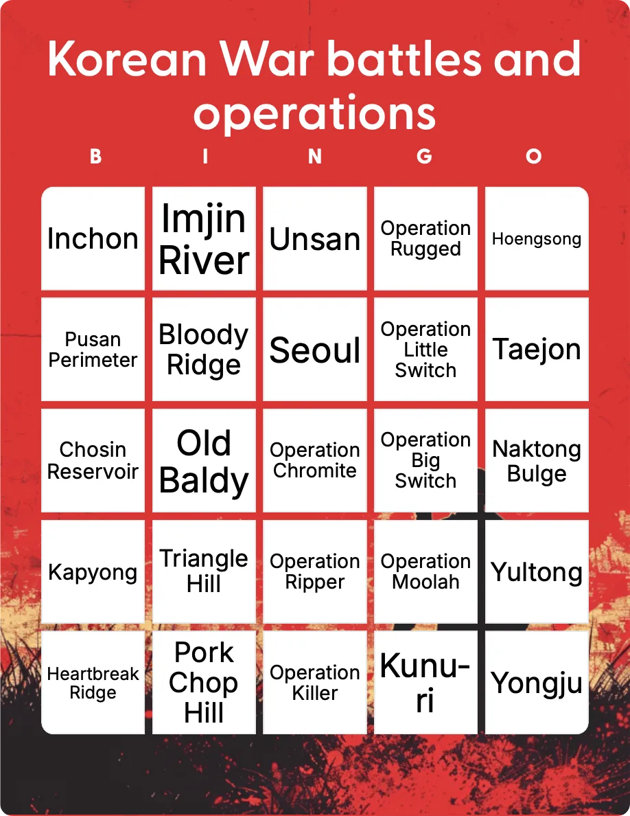 Korean War battles and operations bingo card template