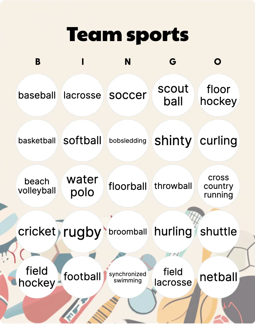 Team sports bingo card template