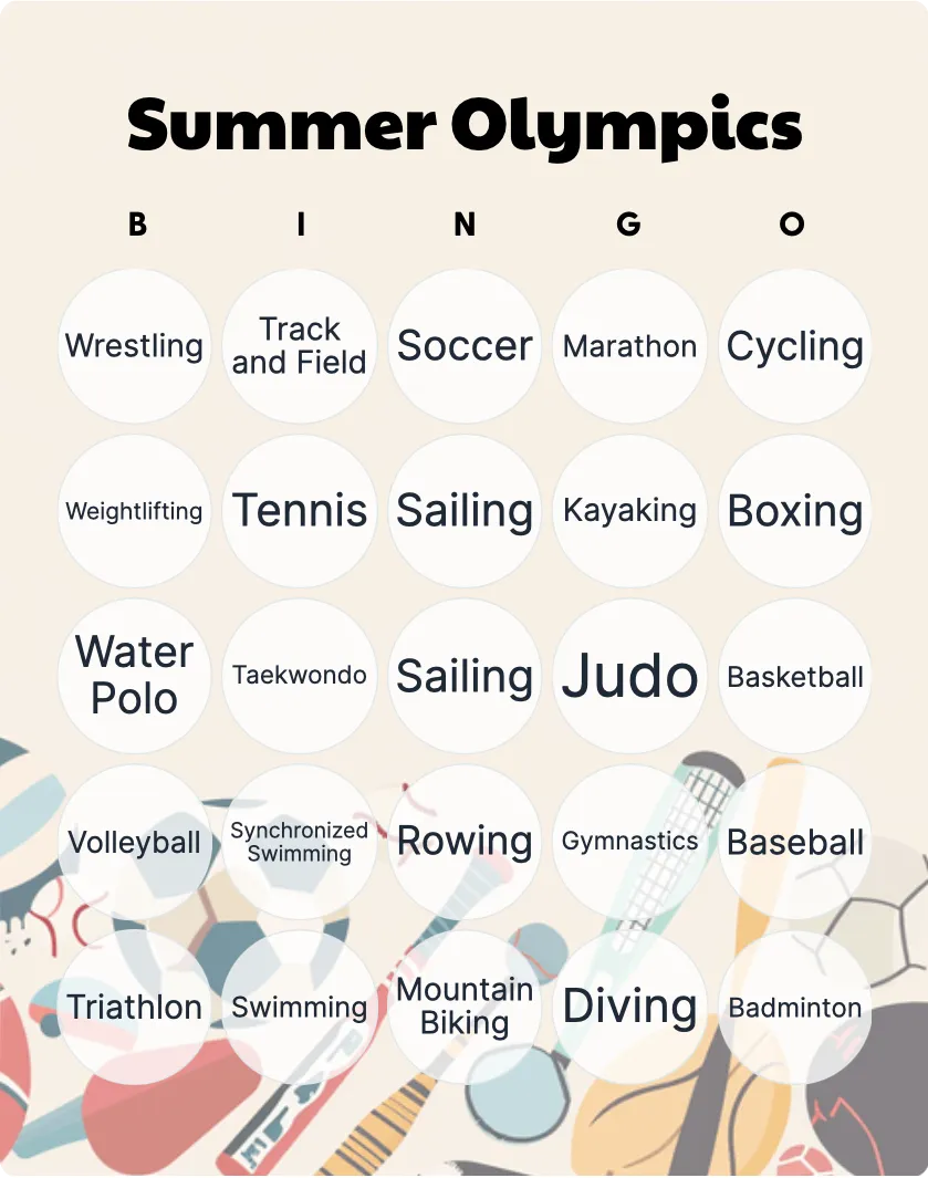 Summer Olympics bingo card template