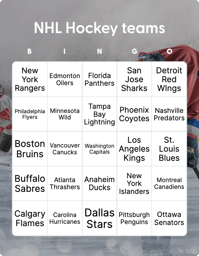 NHL Hockey teams bingo