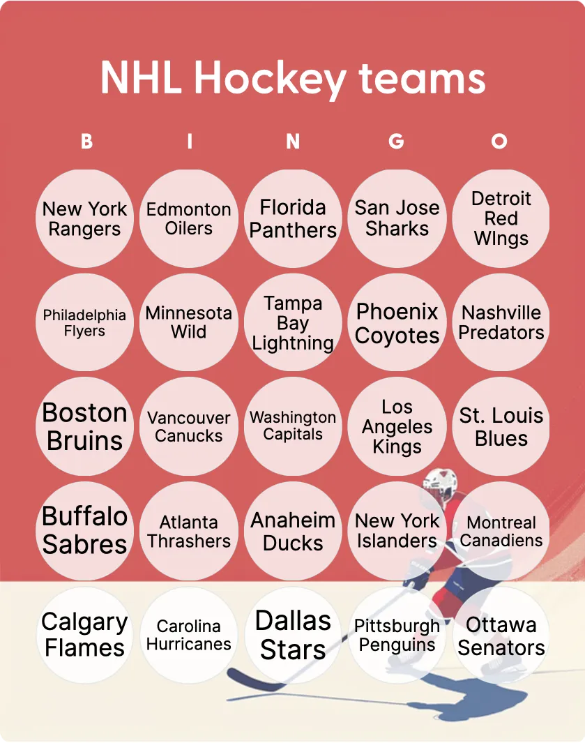 NHL Hockey teams bingo card template