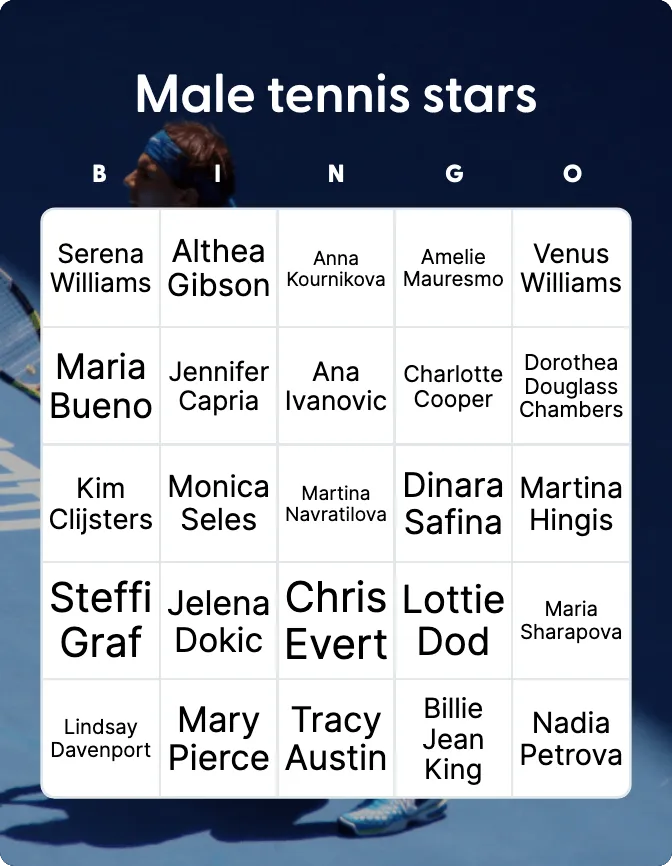 Male tennis stars bingo