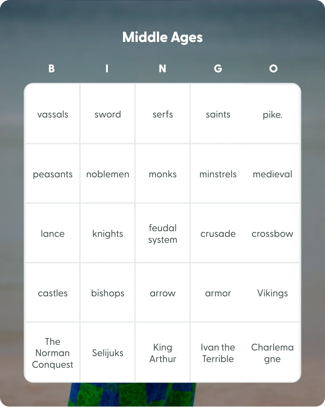 Middle Ages bingo card template