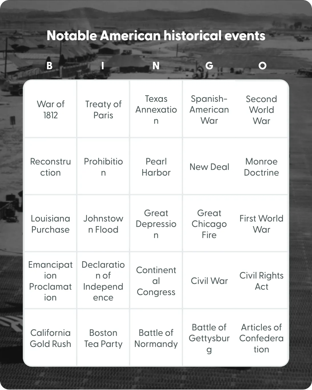 Notable American historical events bingo