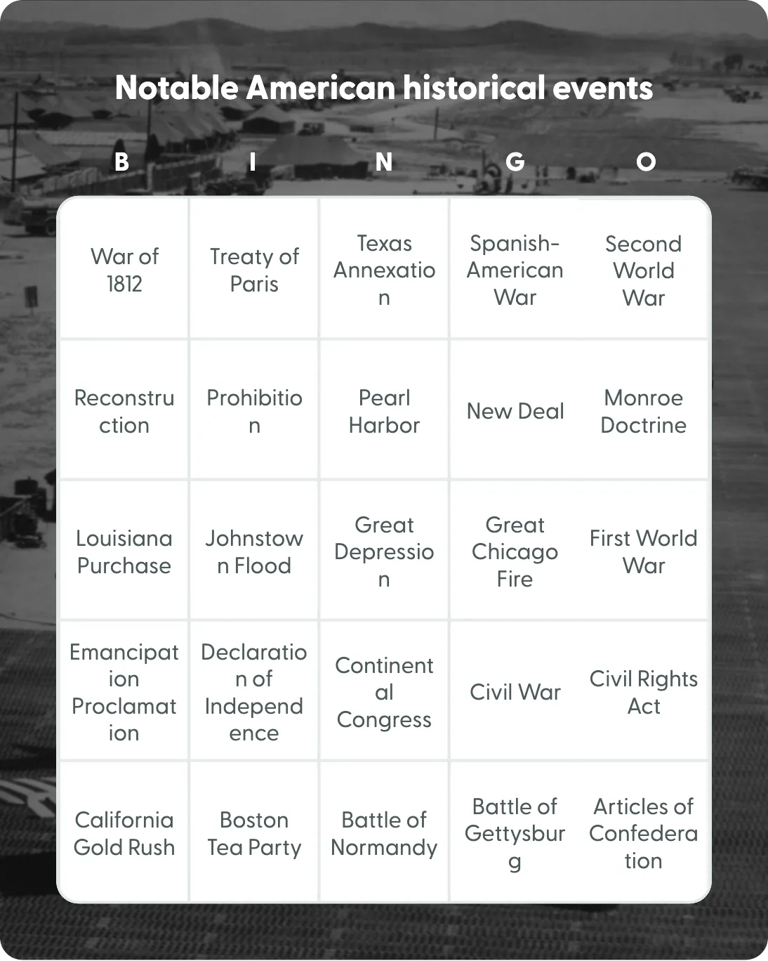 Notable American historical events bingo card template