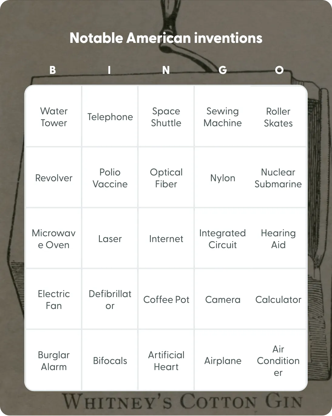 Notable American inventions bingo