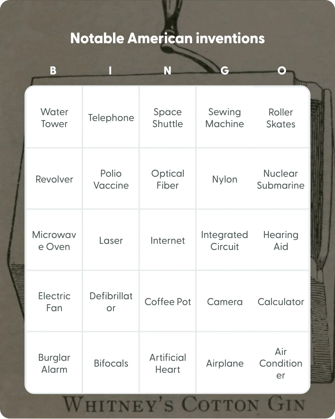 Notable American inventions bingo card template