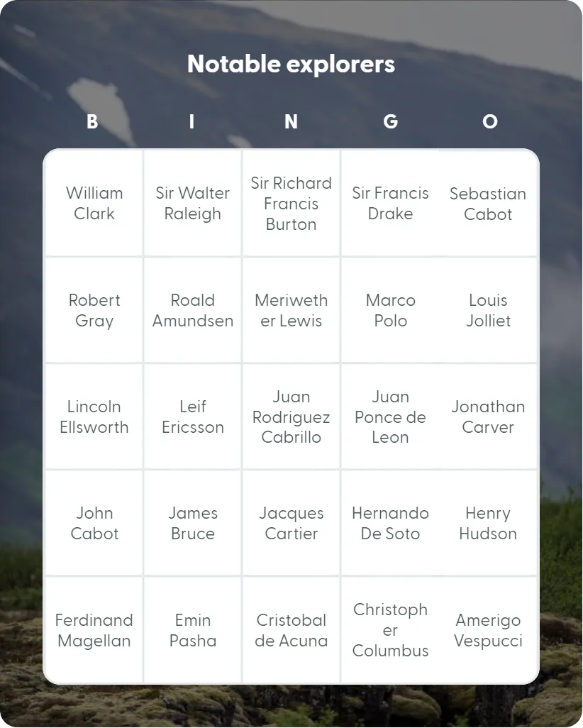 Notable explorers bingo