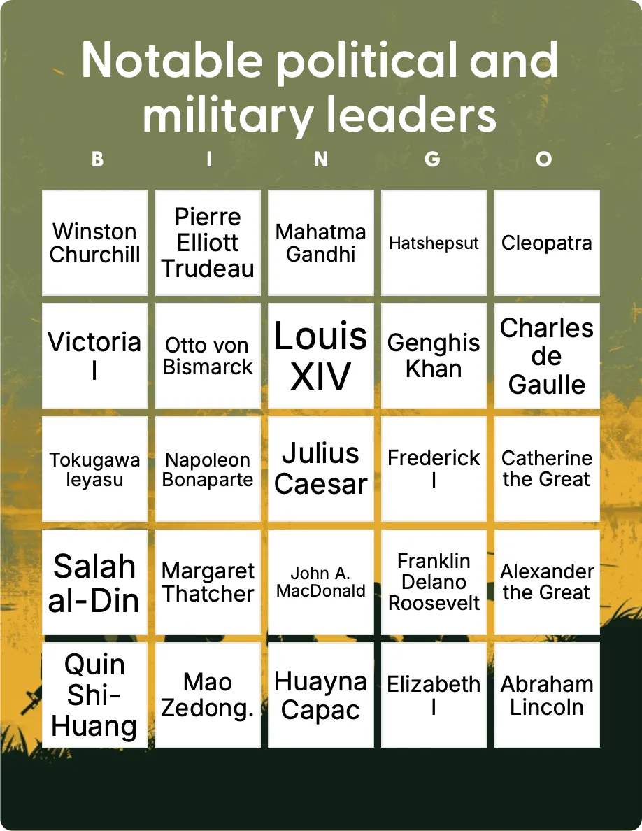 Notable political and military leaders bingo card template