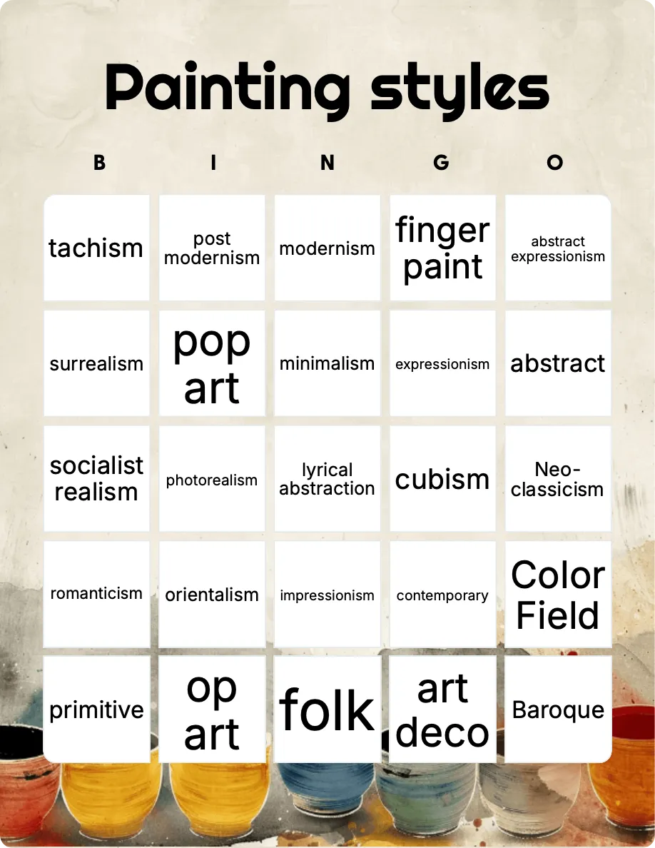 Painting styles bingo card template