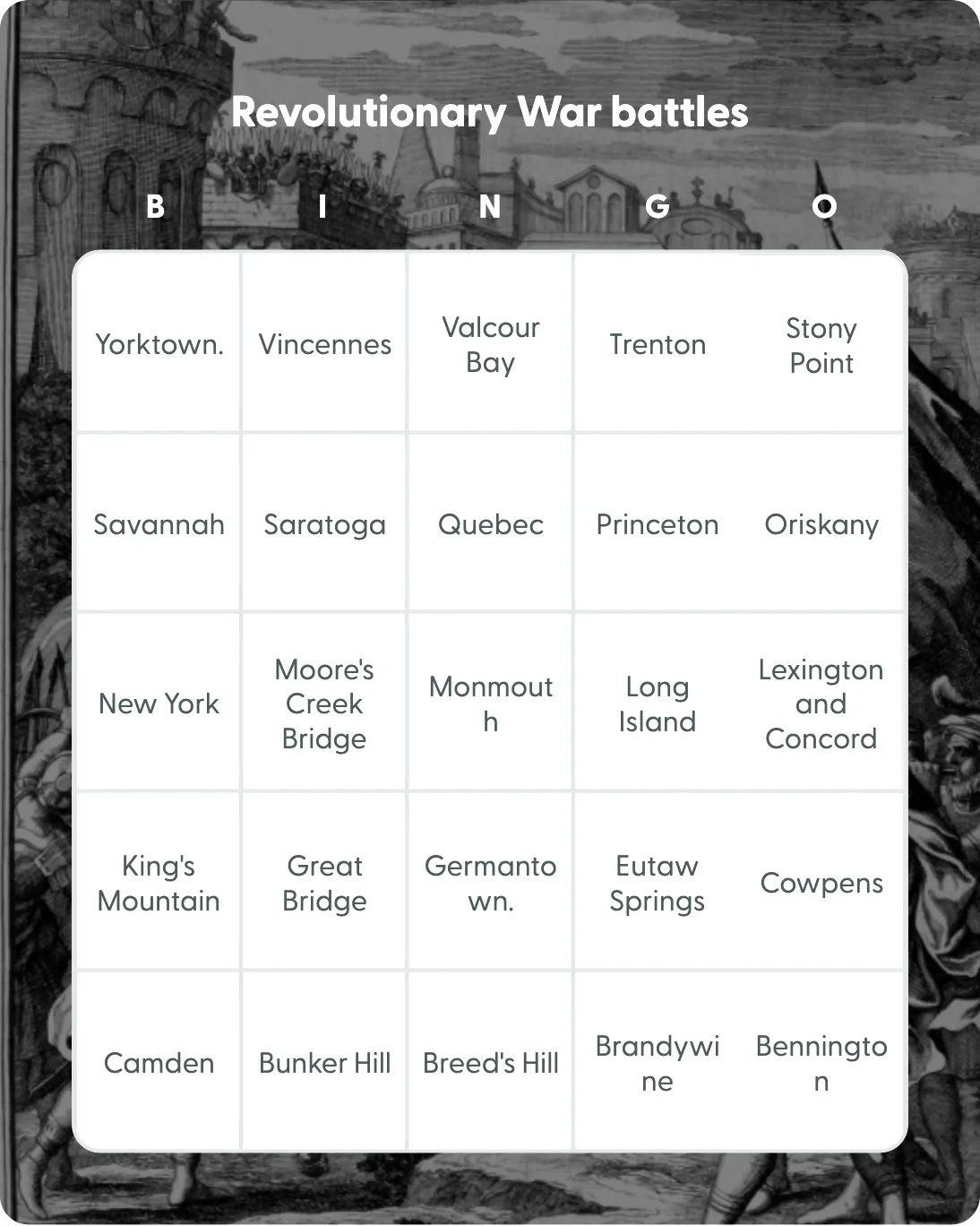 Revolutionary War battles bingo