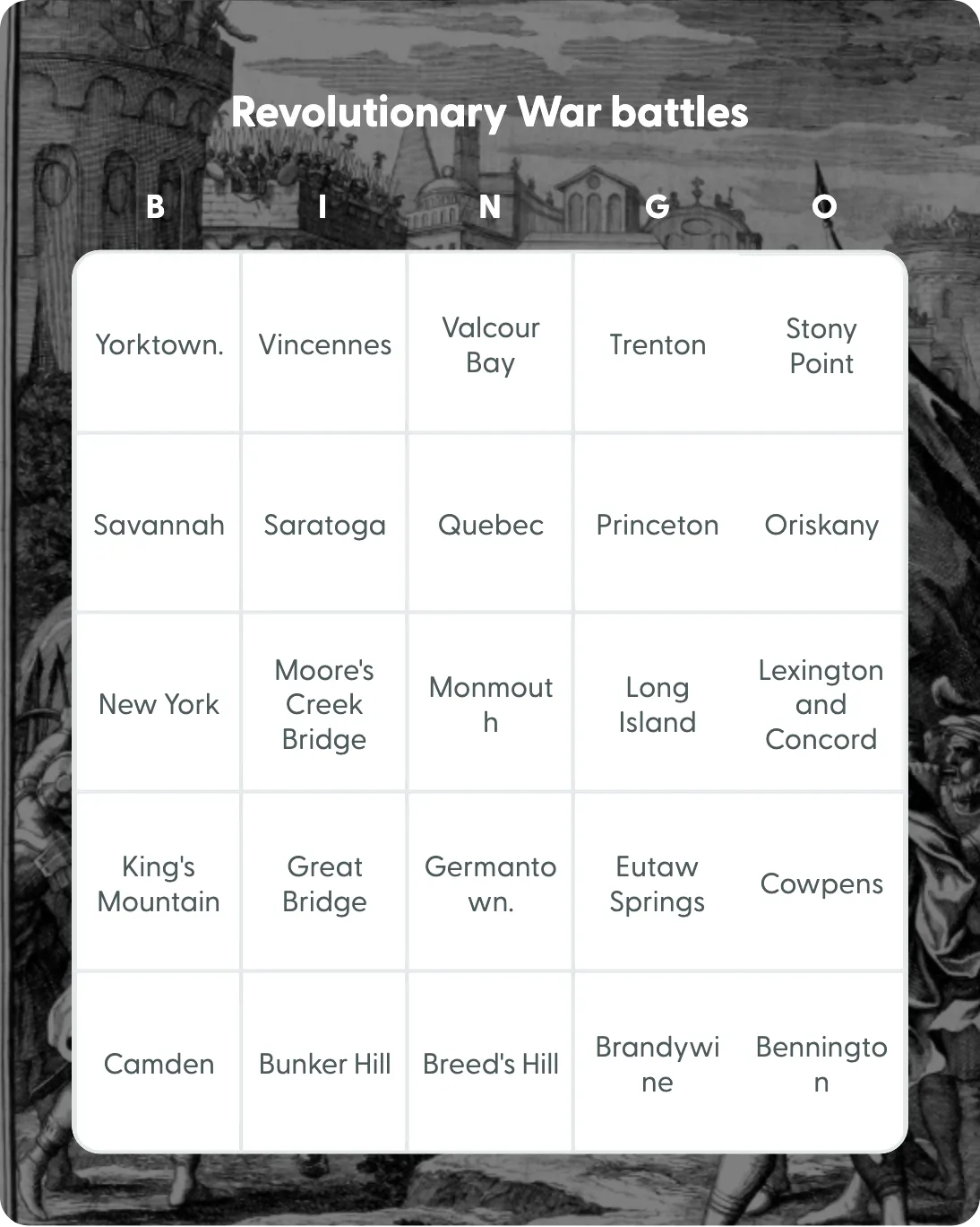 Revolutionary War battles bingo card template