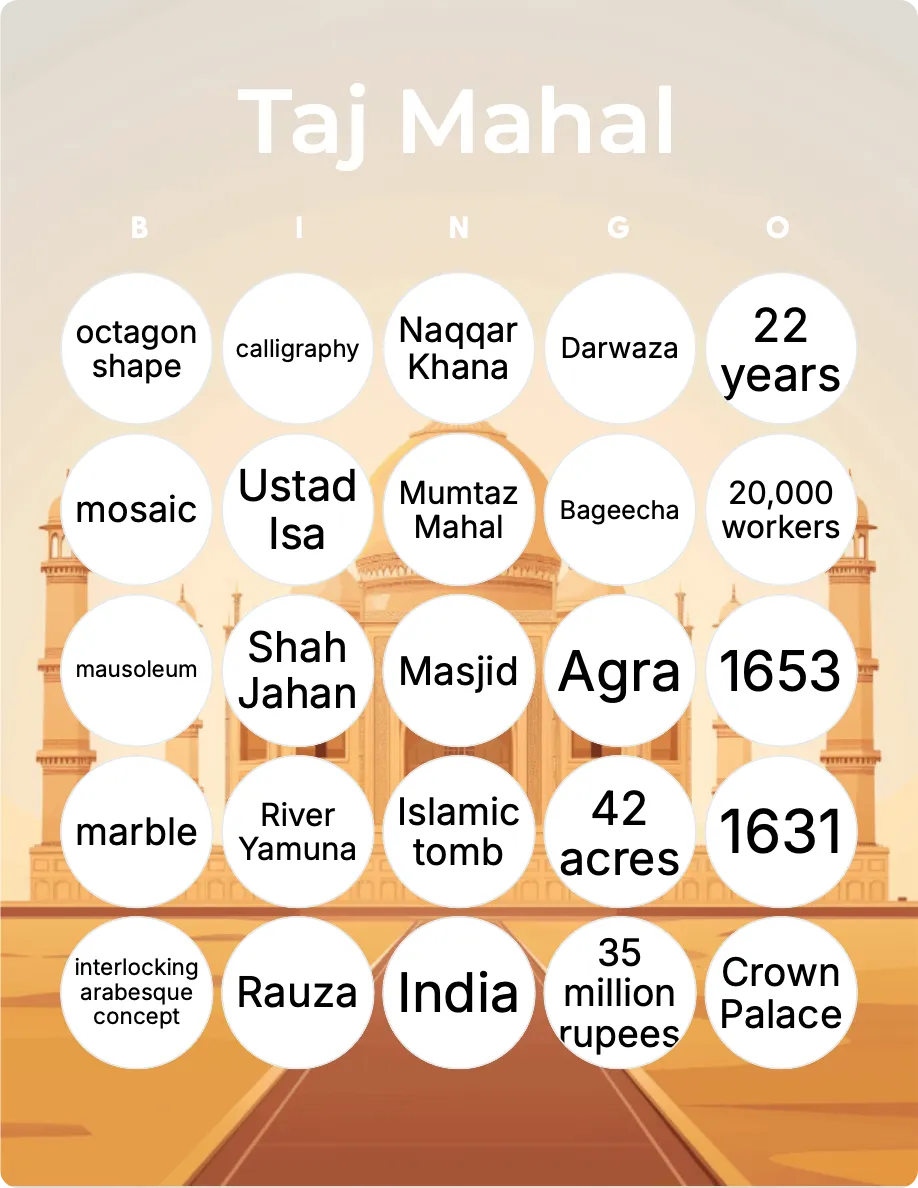 Taj Mahal bingo card template