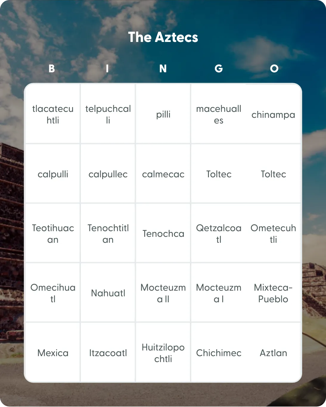 The Aztecs bingo card template