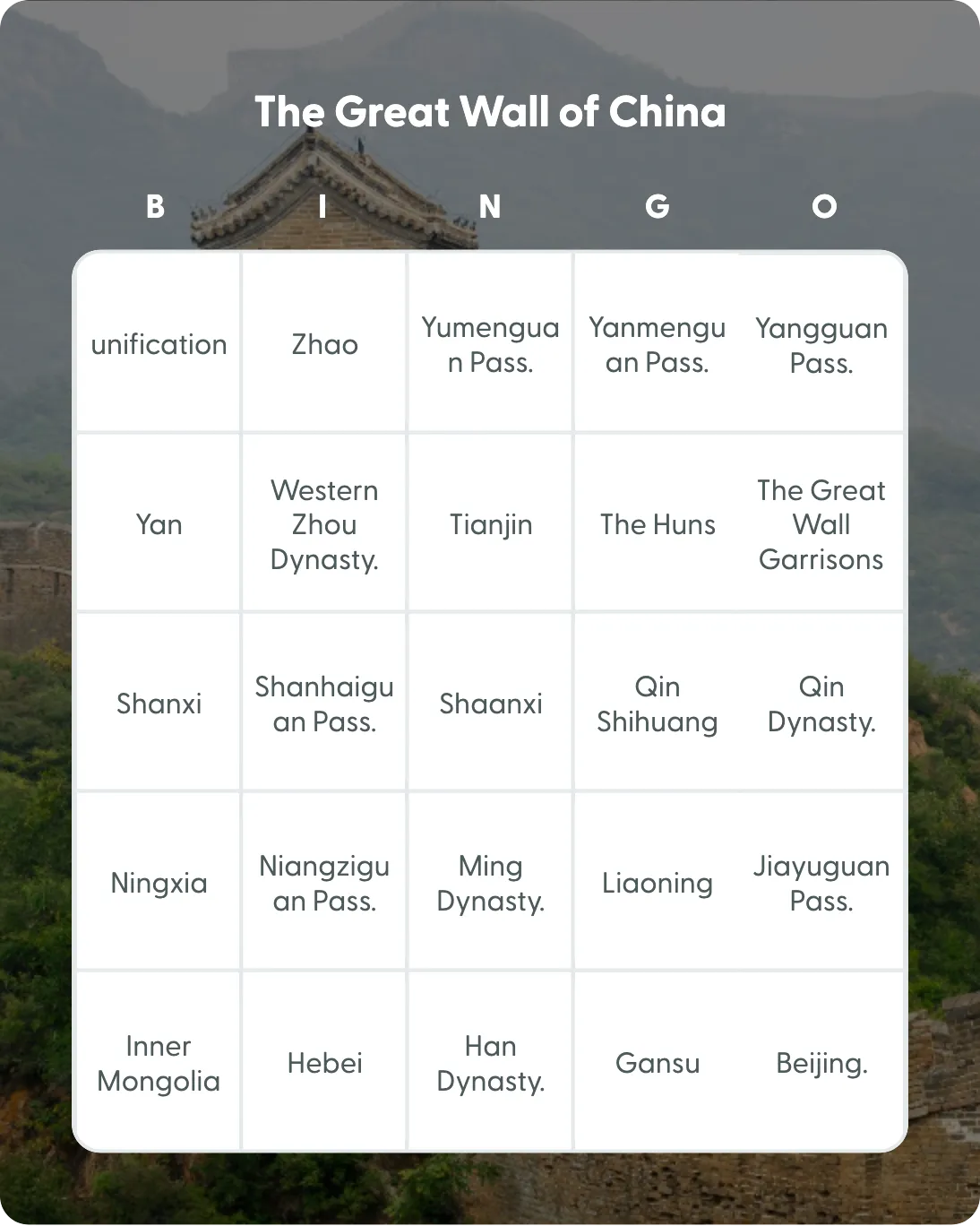 The Great Wall of China bingo