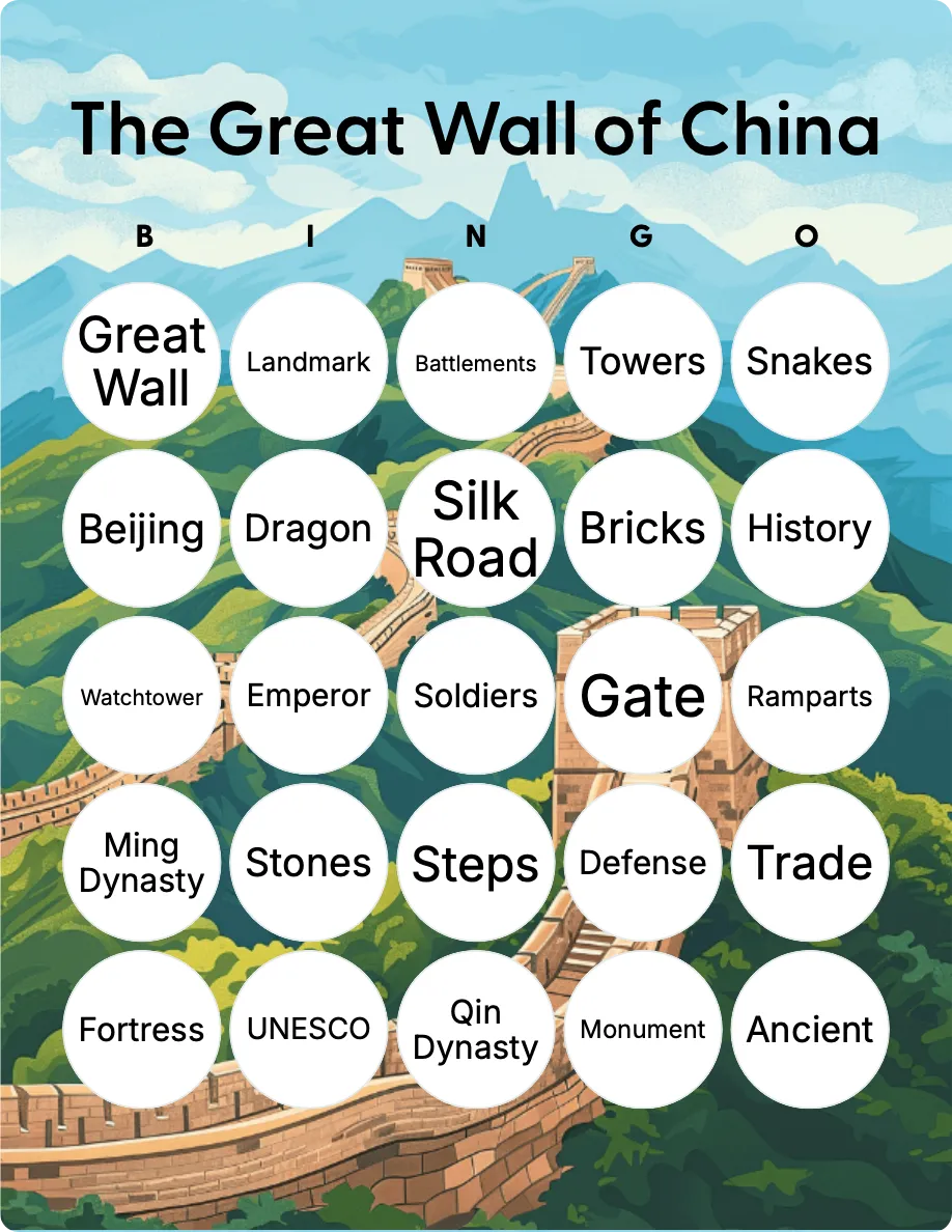 The Great Wall of China bingo card template