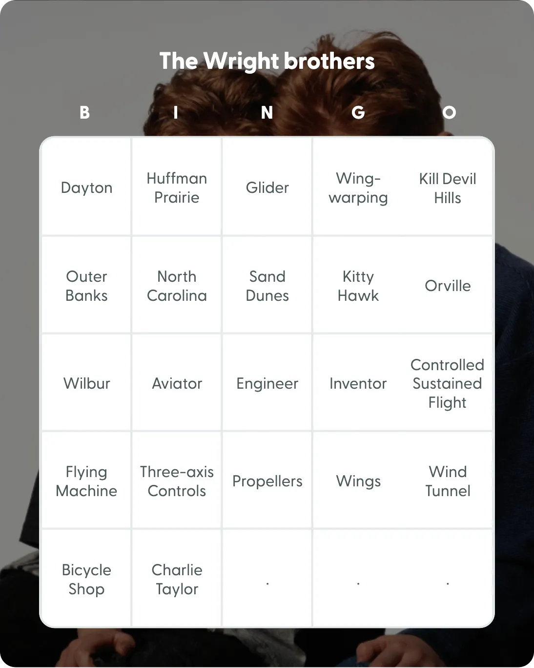 The Wright brothers bingo card template