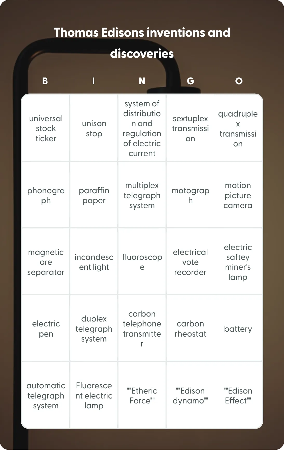 Thomas Edisons inventions and discoveries bingo