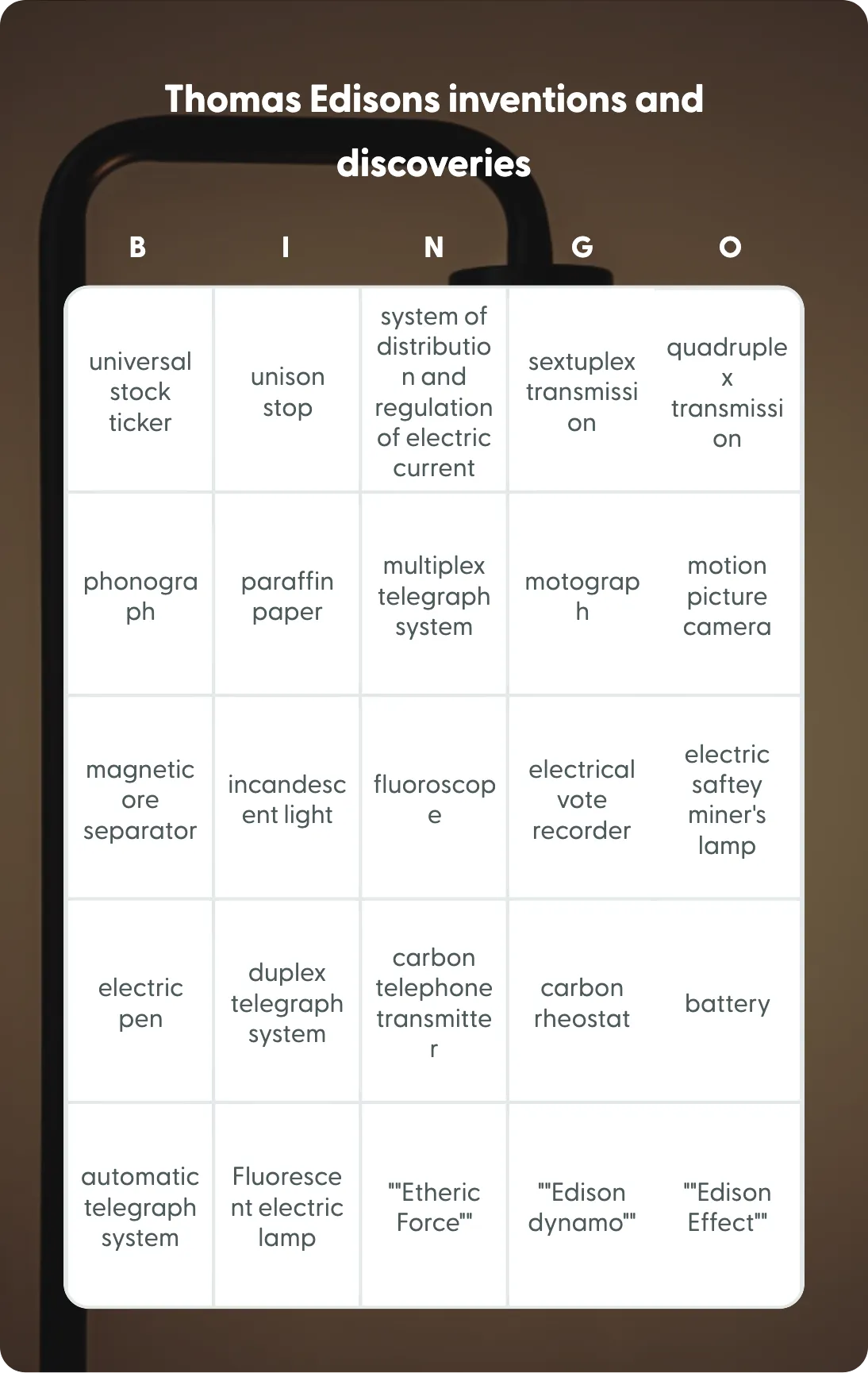 Thomas Edisons inventions and discoveries bingo card template