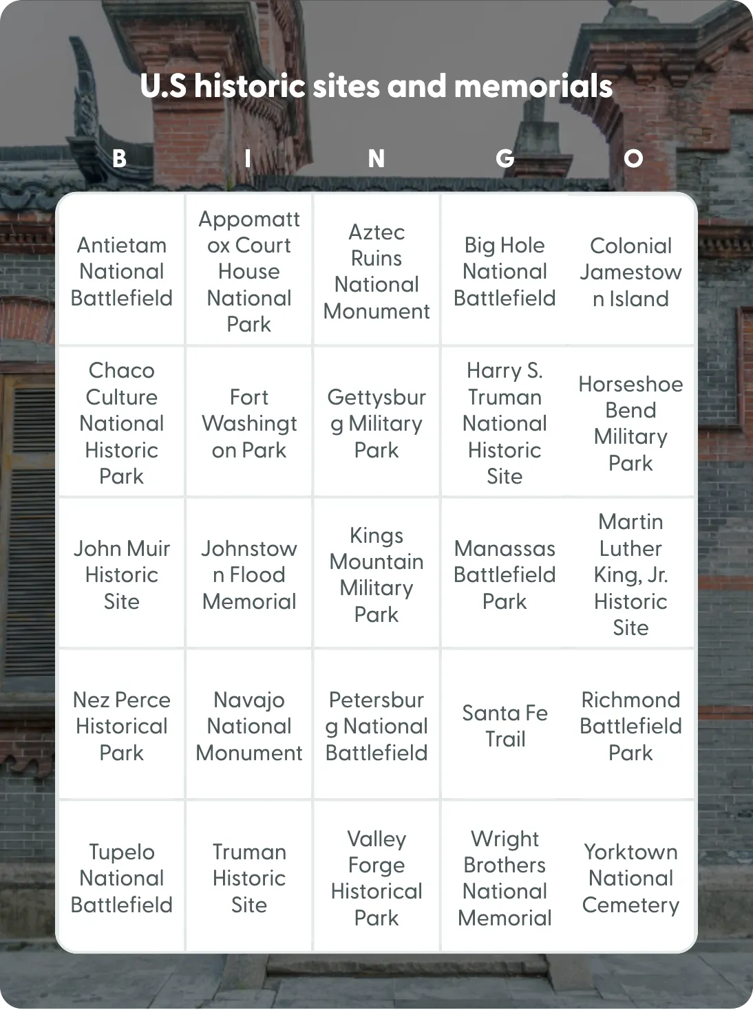 U.S historic sites and memorials bingo card template