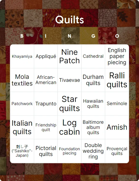 Quilts bingo card template