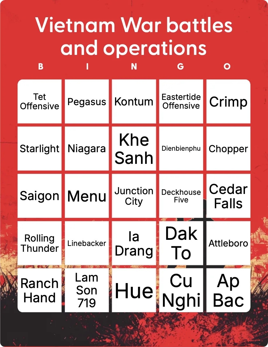 Vietnam War battles and operations bingo card template