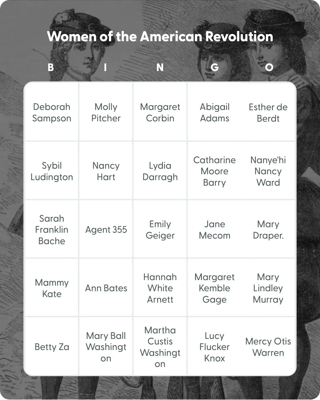 Women of the American Revolution bingo card template