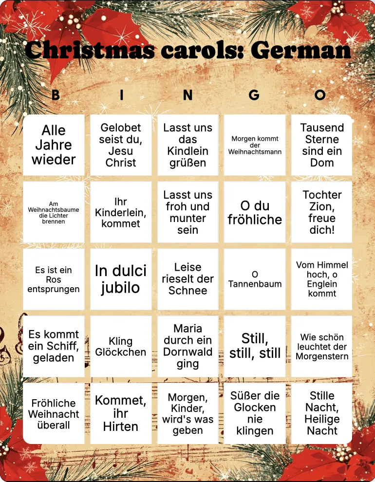 Christmas carols: German bingo card template