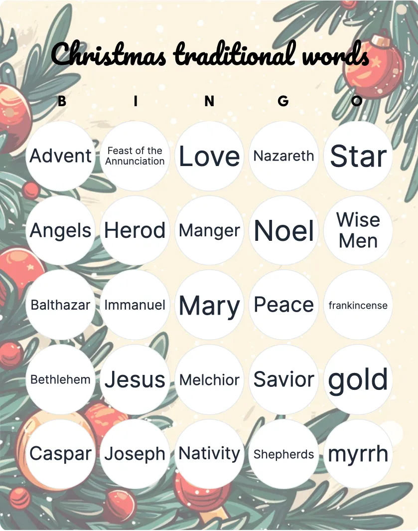 Christmas traditional words bingo card template