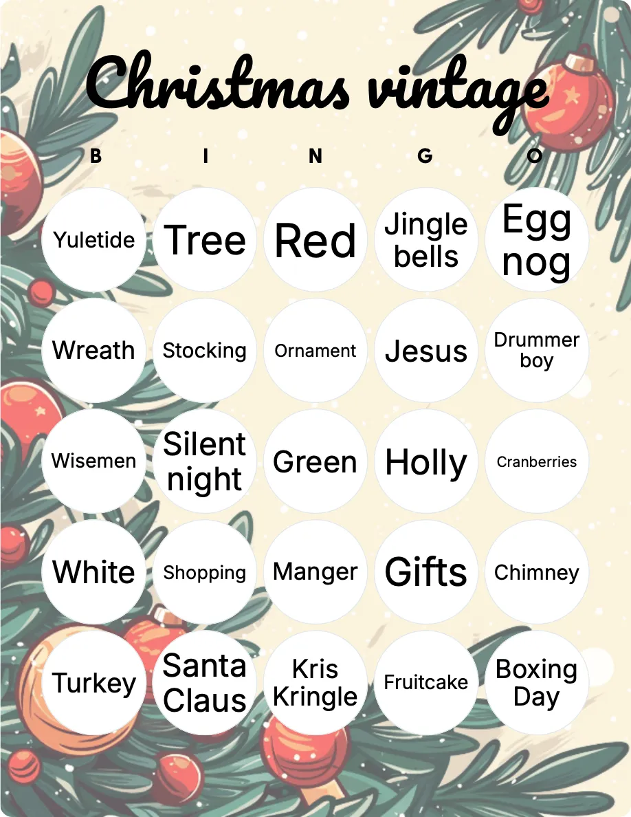 Christmas vintage bingo card template