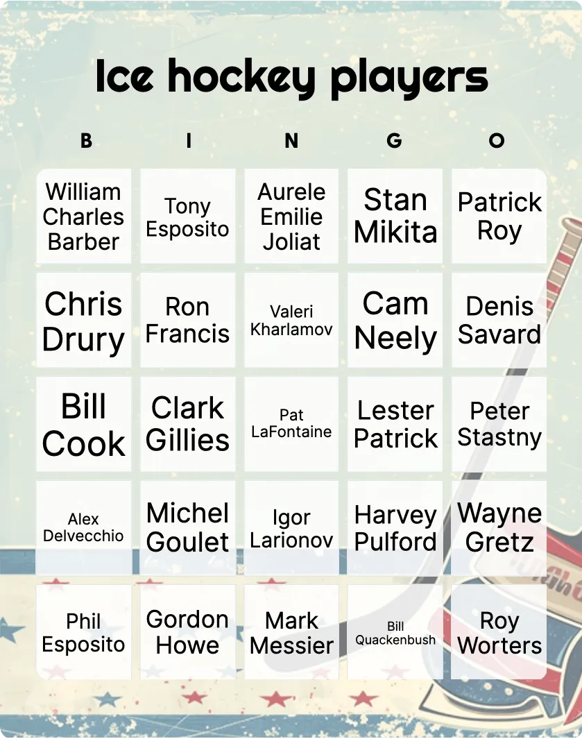 Ice hockey players bingo card template