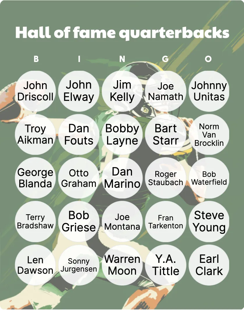 Hall of fame quarterbacks bingo card template