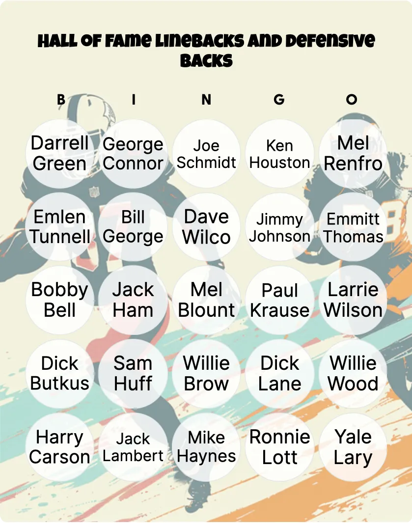 Hall of fame linebacks and defensive backs bingo card template