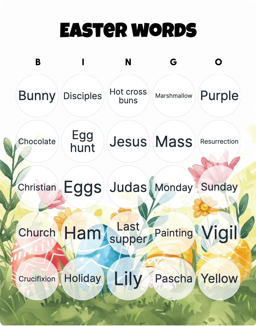 Easter words bingo card template