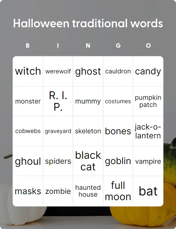 Halloween traditional words bingo