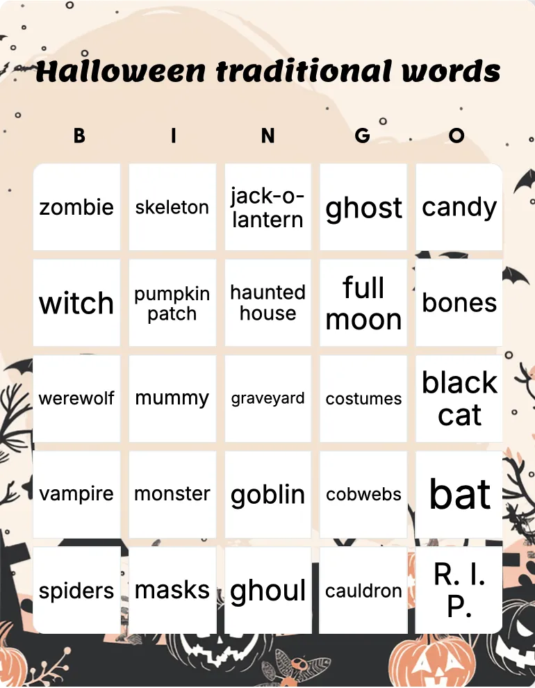 Halloween traditional words bingo card template