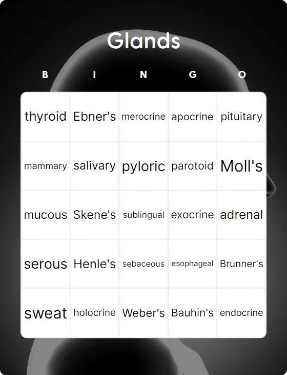 Glands bingo card template