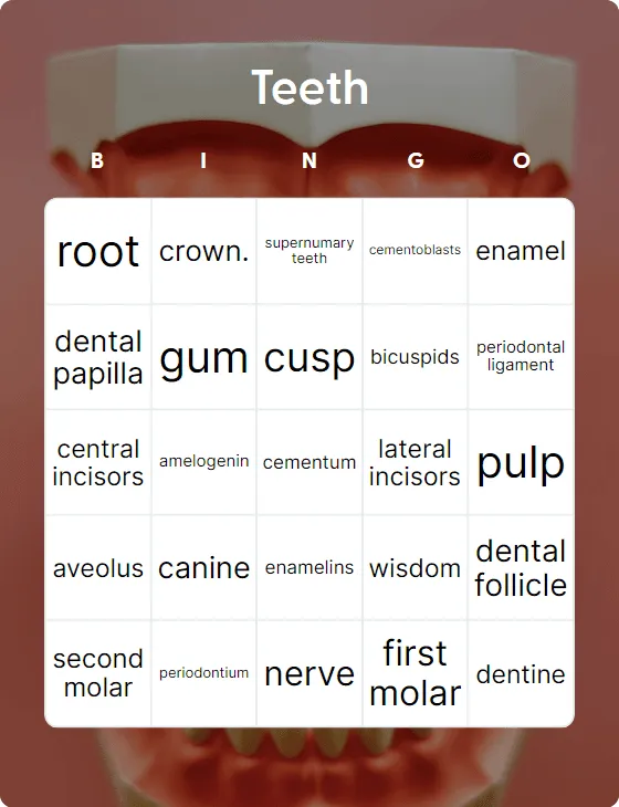 Teeth bingo card template